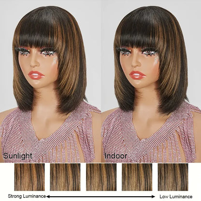 Glueless Layered Highlight Color Straight Bob Wig With Bangs