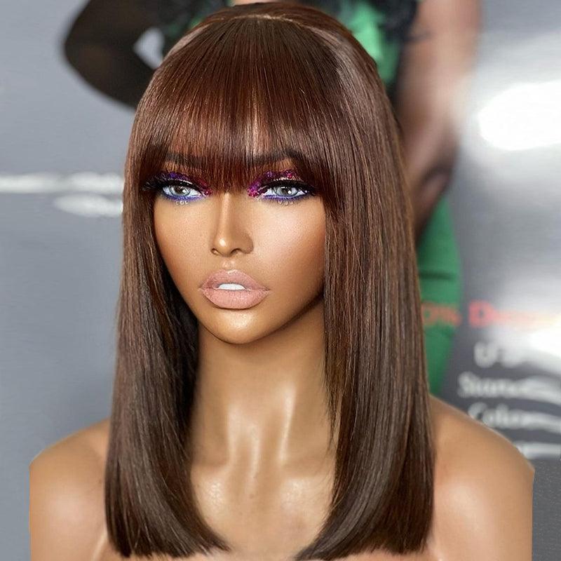 Chocolate Brown Color Glueless Wig Wear Go Brazilian Straight Bob Human Hair Wig With Bangs - SHINE HAIR WIG