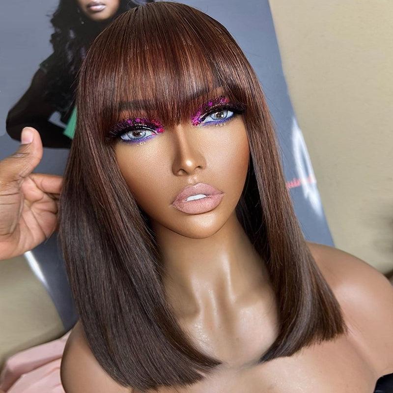 Chocolate Brown Color Glueless Wig Wear Go Brazilian Straight Bob Human Hair Wig With Bangs - SHINE HAIR WIG