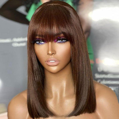 Chocolate Brown Color Glueless Wig Wear Go Brazilian Straight Bob Human Hair Wig With Bangs - SHINE HAIR WIG