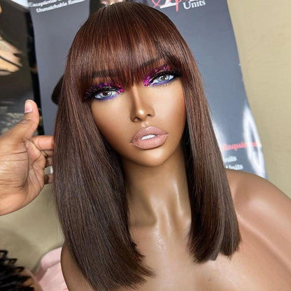 Chocolate Brown Color Glueless Wig Wear Go Brazilian Straight Bob Human Hair Wig With Bangs - SHINE HAIR WIG