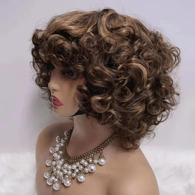 Fluffy Glueless Bouncy Curly Wig Wear Go Highlight Brown Bob Brazilian Human Hair - SHINE HAIR WIG
