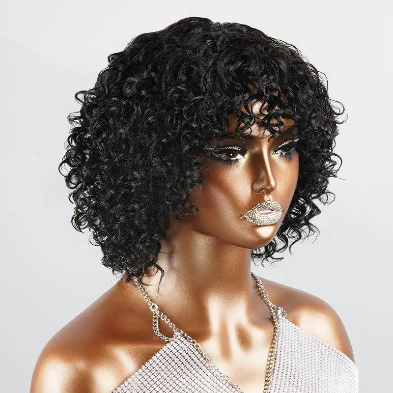 Glueless Natural Playful Curly Wave Short Bob Wig With Curly Bangs - SHINE HAIR WIG