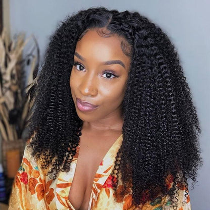 black women wearing kinky curly human hair wig, lace frontal wig with pre plucked hairline and baby hairs