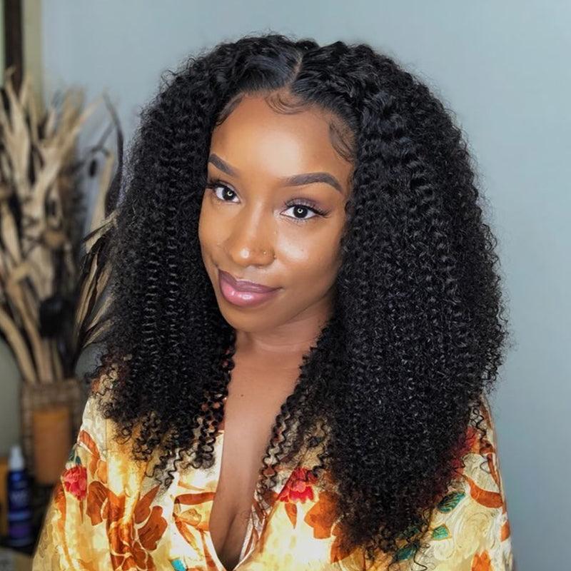 black women wearing kinky curly human hair wig, lace front human hair wig, shine hair wig