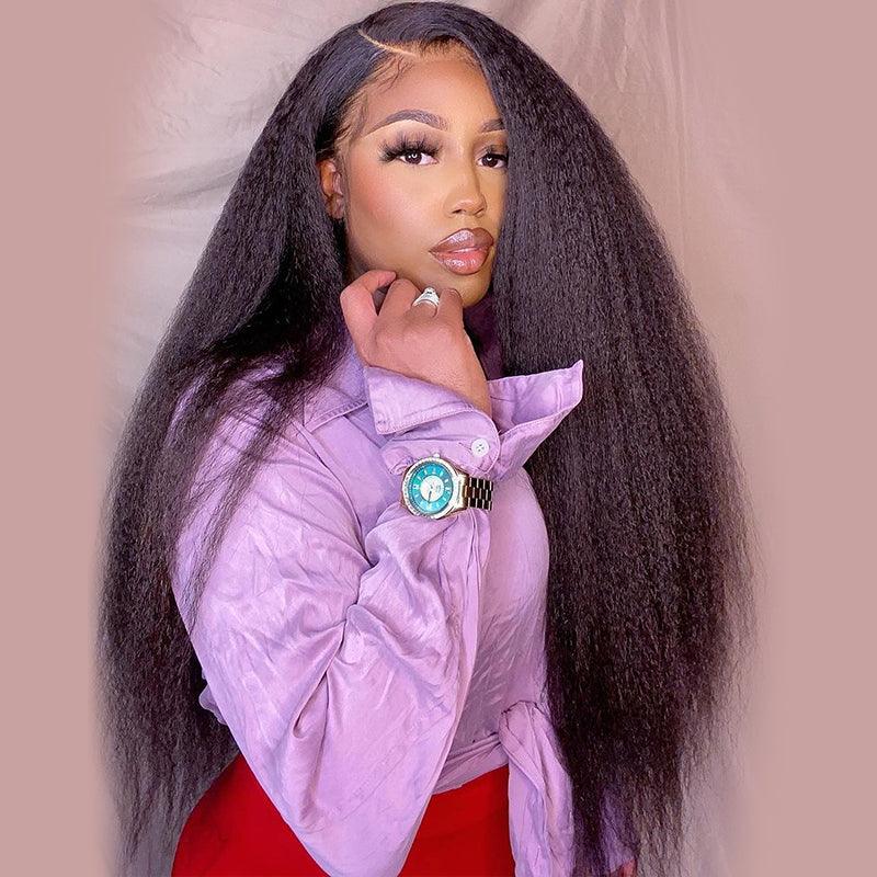 kinky straight lace front wig for black women ,thick hair, side part wig, pre plucked hairline with baby hairs, shinehairwig.com