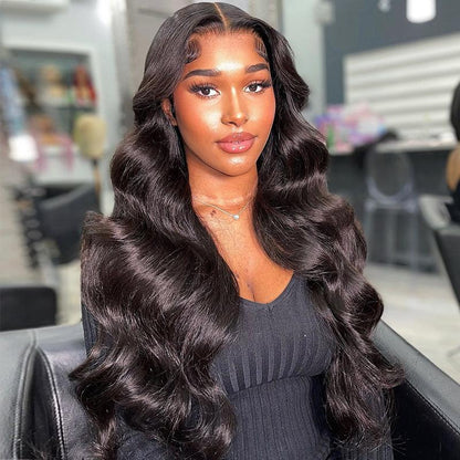 black women wearing human hair wig lace front wig body wave in salon, shine hair wig, wig get done by salon