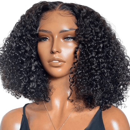 5x5 HD lace closure curly human hair wig on a mannequins model
