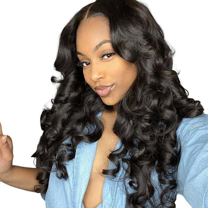 blue shirt black women wear 5x5 loose wave shine wigs