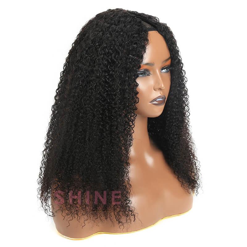 side look of kinky curly v part wig full ends 250% density
