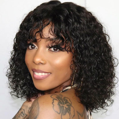 shine hair curly wave human hair wig with bang bob wig natural color