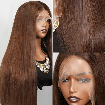 Glueless Wig Wear Go Chocolate Brown Colored Straight Human Hair Wigs - SHINE HAIR WIG