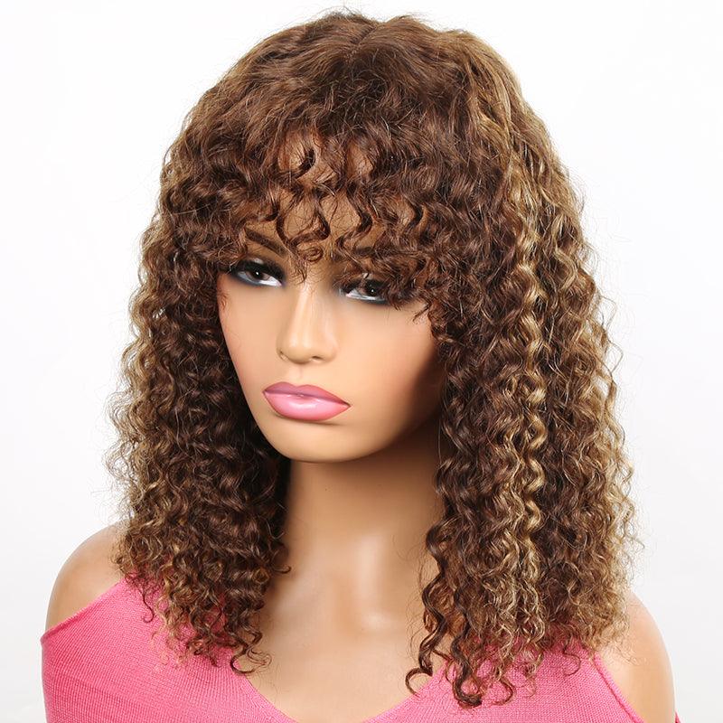 Honey Brown Highlight Brazilian Curly Human Hair Wig With Bangs - SHINE HAIR WIG