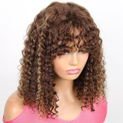 Honey Brown Highlight Brazilian Curly Human Hair Wig With Bangs - SHINE HAIR WIG