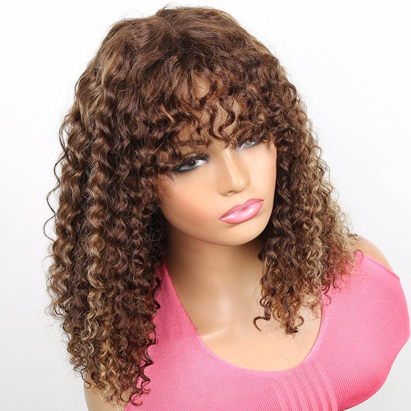 Honey Brown Highlight Brazilian Curly Human Hair Wig With Bangs - SHINE HAIR WIG