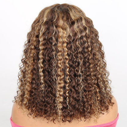 Honey Brown Highlight Brazilian Curly Human Hair Wig With Bangs - SHINE HAIR WIG