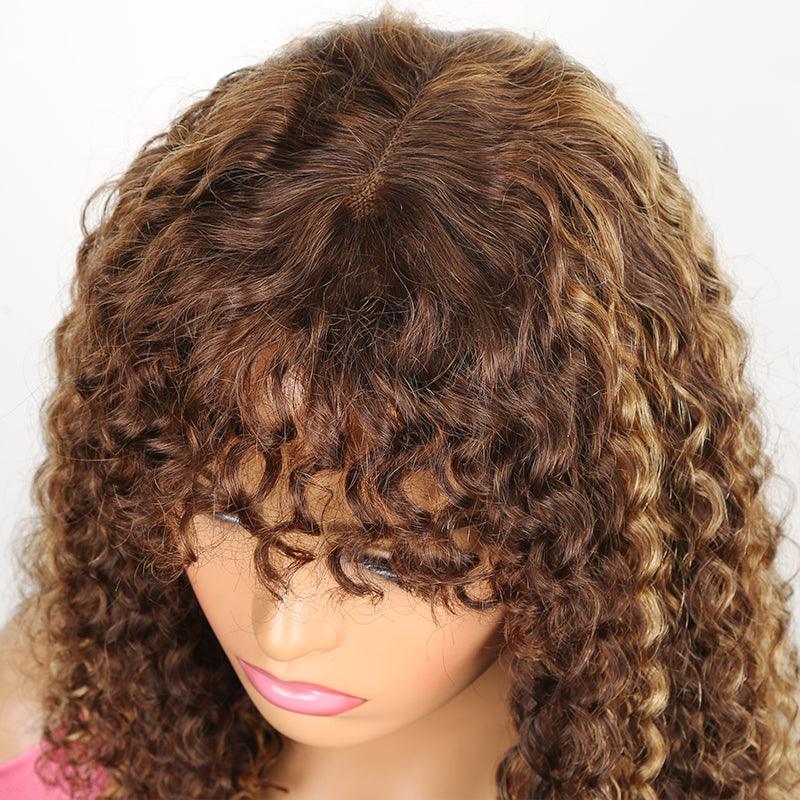 Honey Brown Highlight Brazilian Curly Human Hair Wig With Bangs - SHINE HAIR WIG