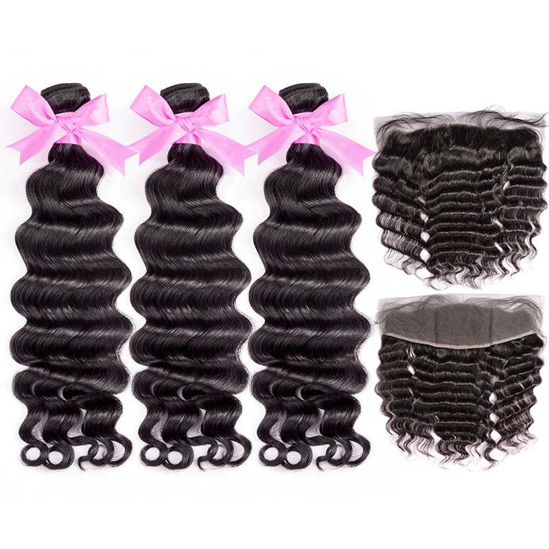 Natural Wave Virgin Human Hair Extension Bundle Deal Hair Weave With Frontal - SHINE HAIR WIG