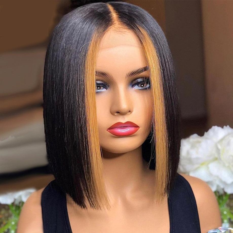 Skunk Stripe Brown Highlight Color Short 13x4 Lace Front Bob Wig Straight Hair - SHINE HAIR WIG