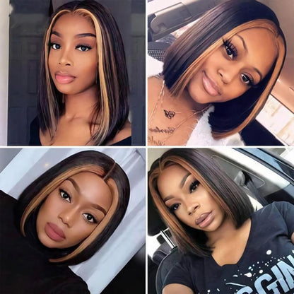 Skunk Stripe Brown Highlight Color Short 13x4 Lace Front Bob Wig Straight Hair - SHINE HAIR WIG