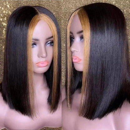 Skunk Stripe Brown Highlight Color Short 13x4 Lace Front Bob Wig Straight Hair - SHINE HAIR WIG