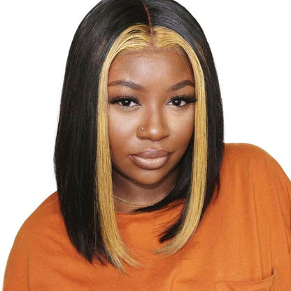 model shows shine hair skunk strip short bob wig for black women