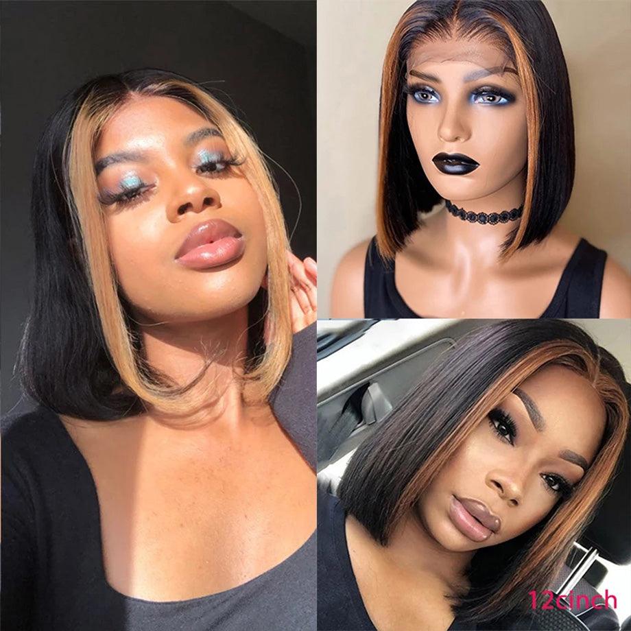 Skunk Stripe Brown Highlight Color Short 13x4 Lace Front Bob Wig Straight Hair - SHINE HAIR WIG